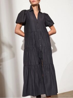 Brochu Walker Black Puff-Sleeve Tiered Button-Front Maxi Dress